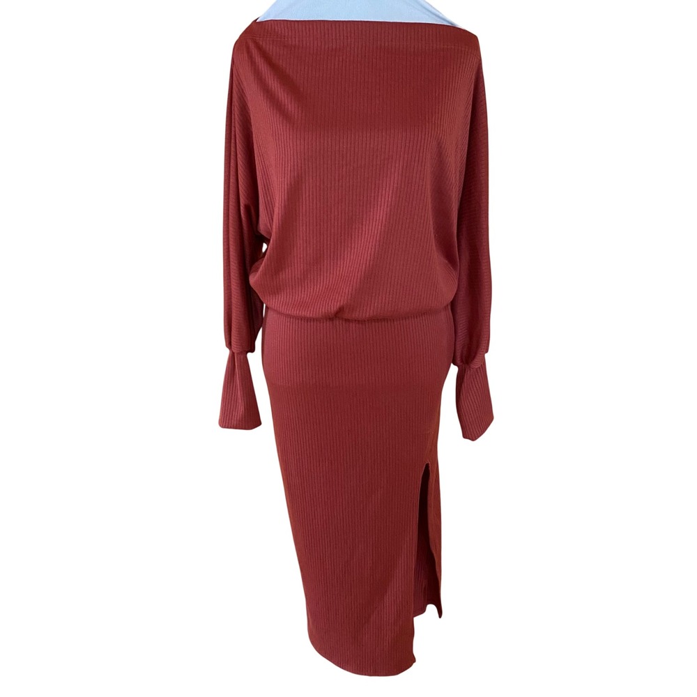 Lulu's Ribbed Midi Dress Rust Orange Boat Neck M NEW Maxi Modest Fall Autumn